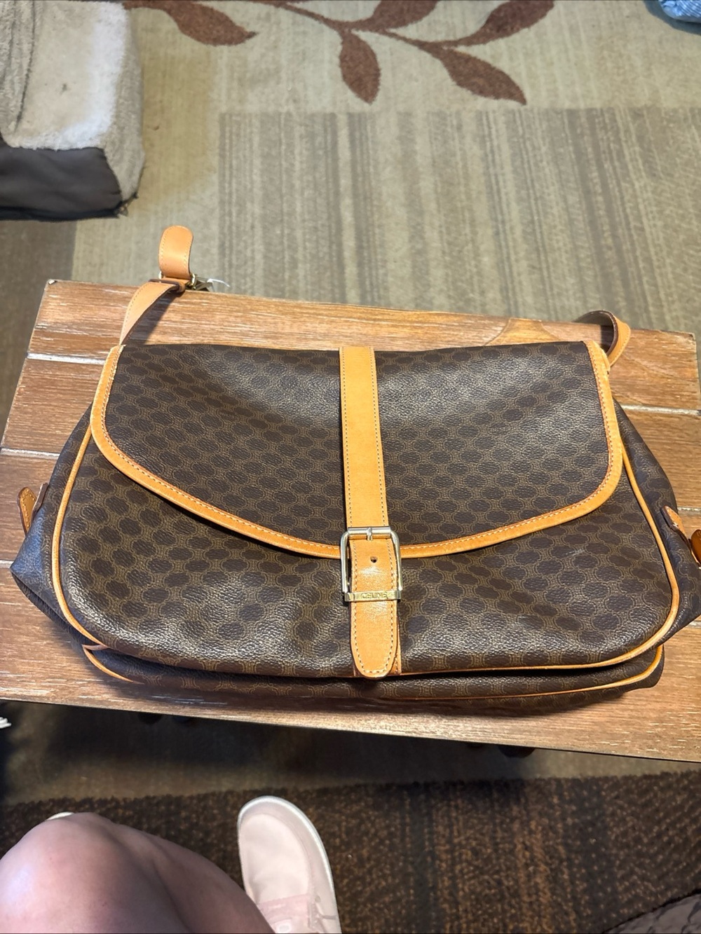 Celine Brown Canvas Satchel with Tan Leather Trim